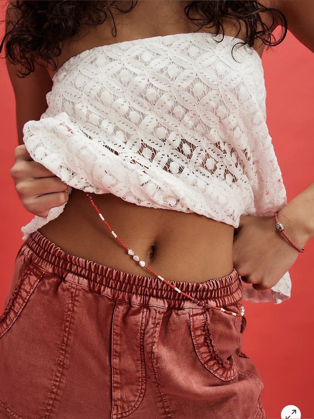NWT Free People Red and White Beaded Necklace/Chain with Gold